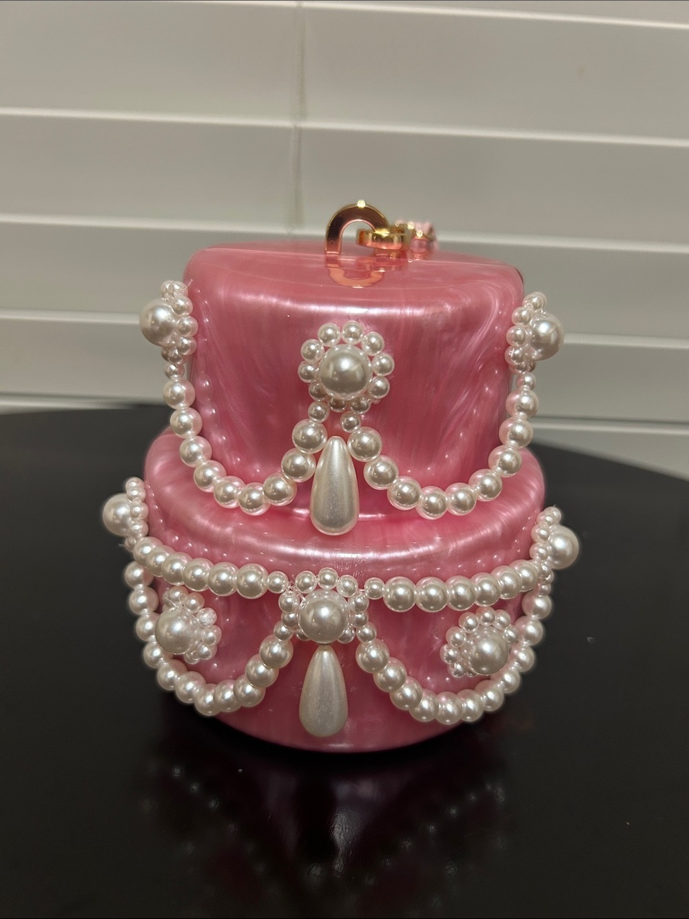 Pink Pearl-Embellished Jewelry Box Clutch
